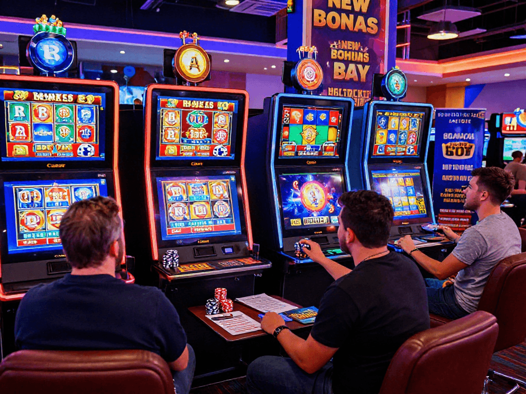 Excited players in a vibrant online casino setting exploring buy bonus spins slots, surrounded by colorful game graphics and casino chips.