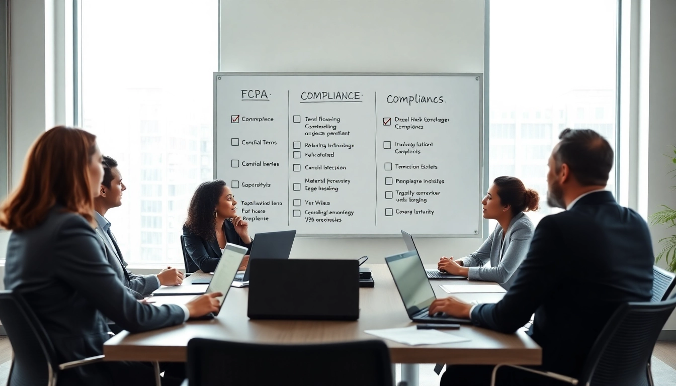 Engaging team collaboration on FCPA/DCAA/Flowdown/ITAR/EAR compliance in a modern office.