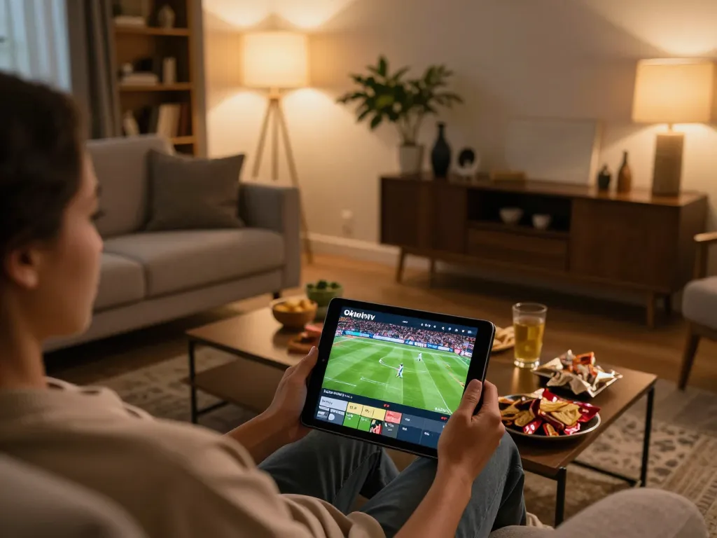 Person enjoying live Okwintv streaming on tablet in a cozy living room setting