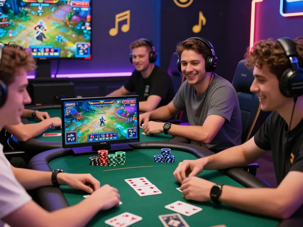 Engaged players enjoying a thrilling online gaming experience with autowin88, vibrant screens and poker chips setting an exciting atmosphere.