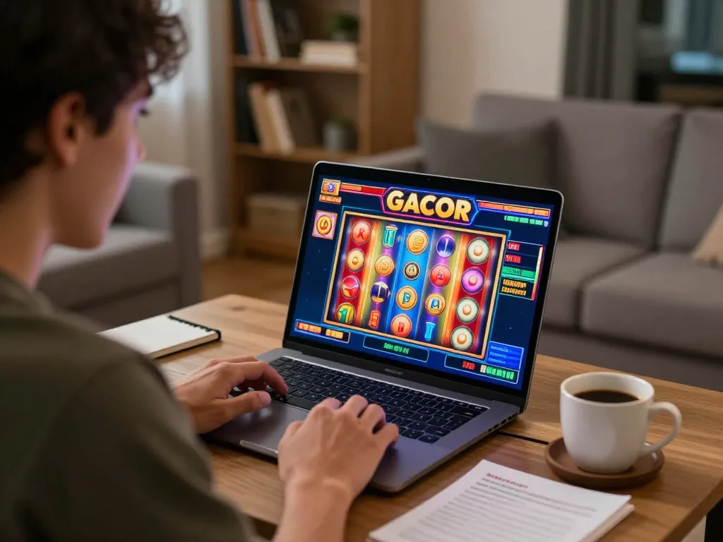 Player enjoying slot gacor online, celebrating wins at home with strategic notes and coffee