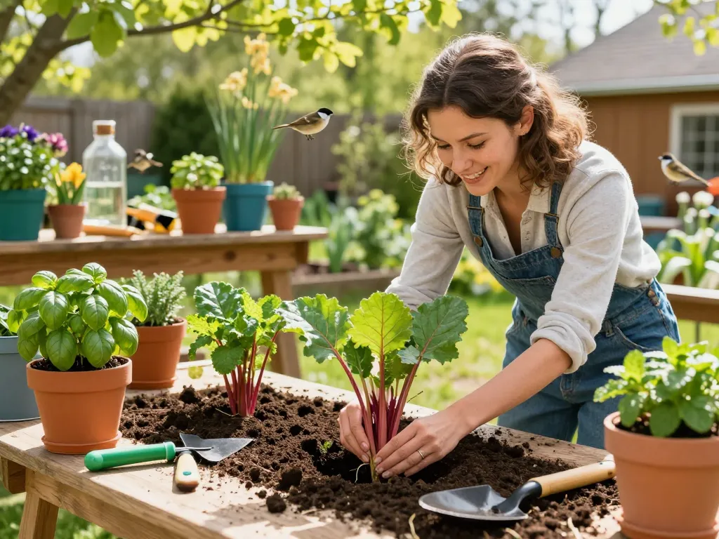 Planting rabarber planten in a vibrant home garden with sunlight and herbs.