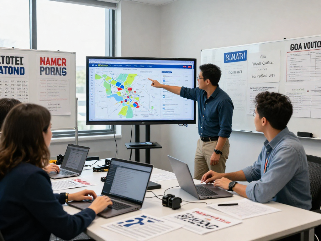 Team strategizing small dollar fundraising in a modern political campaign office, showcasing data-driven planning.
