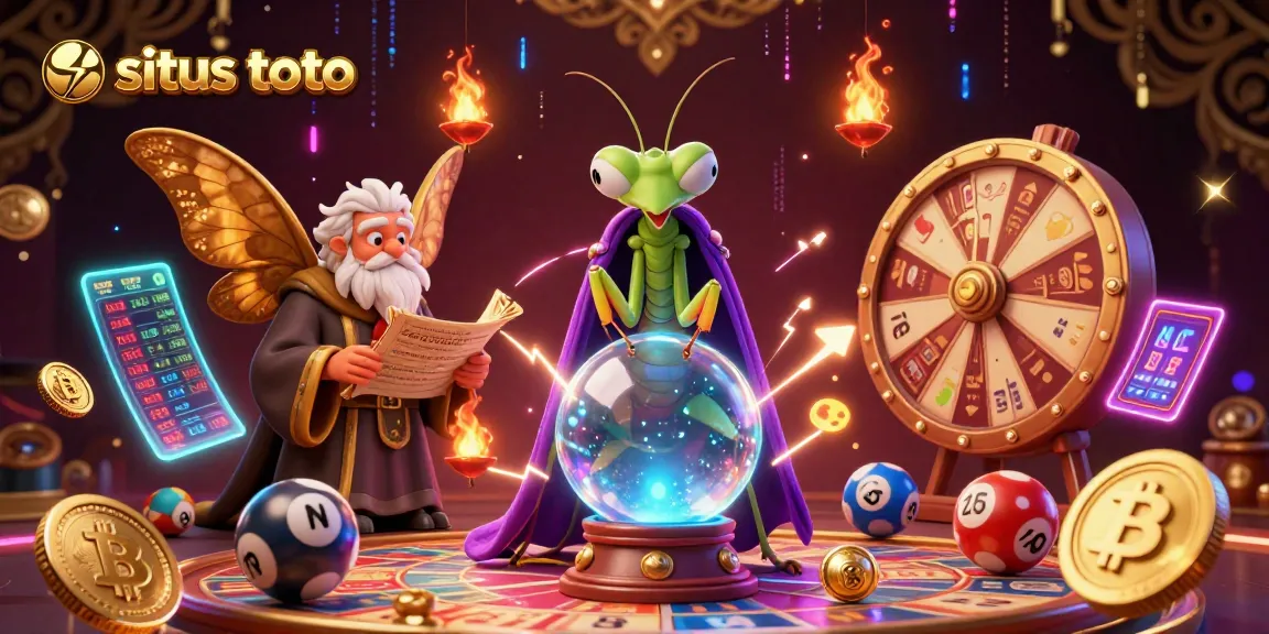 Witness an engaging situs toto lottery scene featuring a fortune teller, moth librarian, and vibrant game elements.