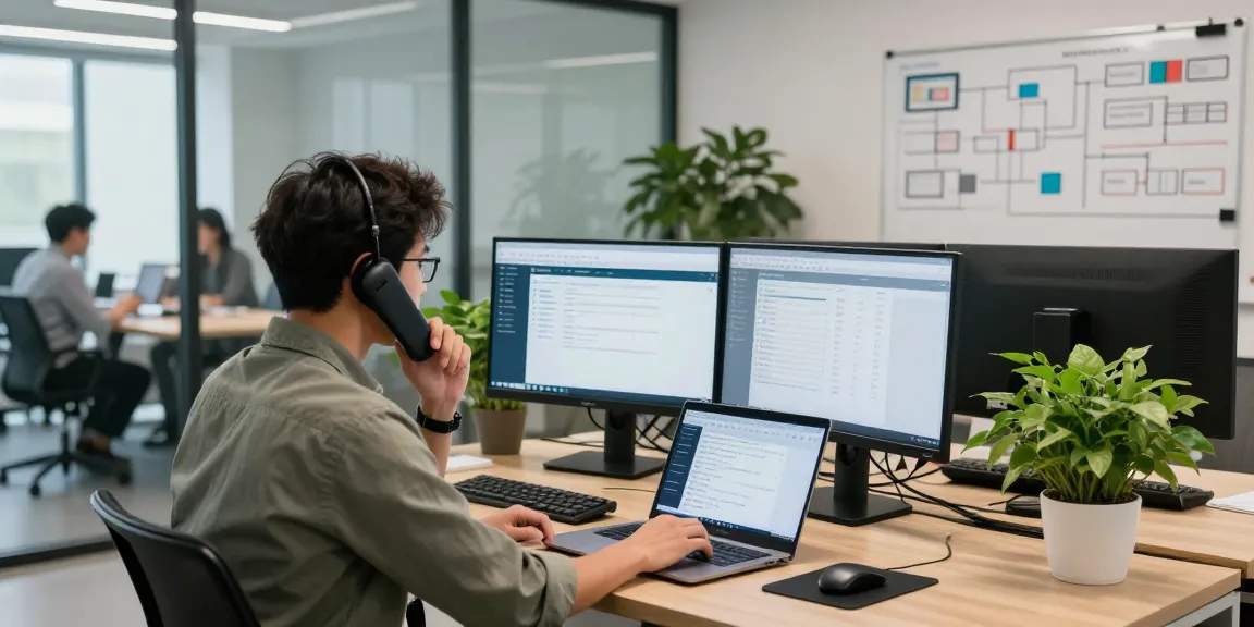 IT helpdesk services London with professional technician assisting client in modern office.