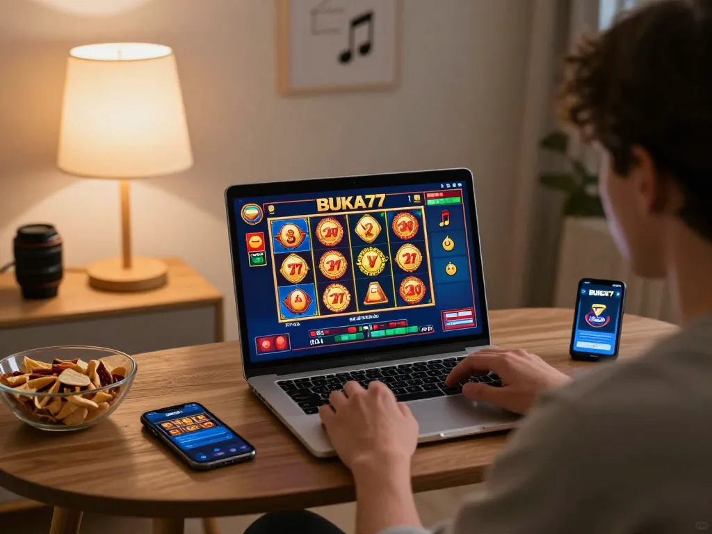 Engaging in BUKA77 slot games at home, showcasing a lively online gaming atmosphere.