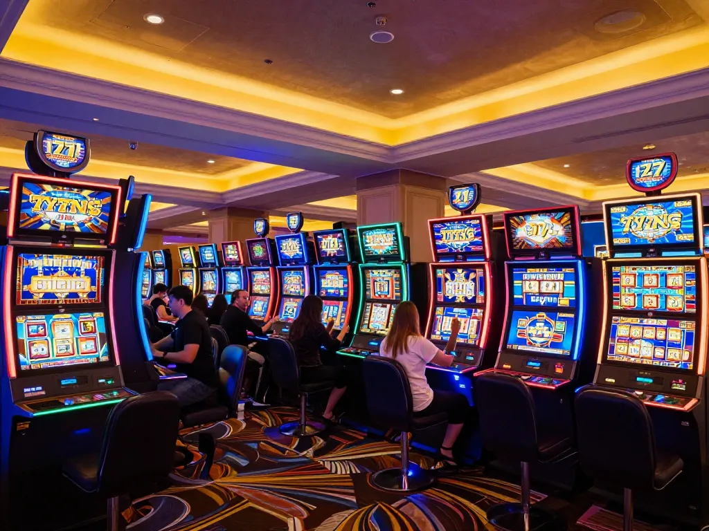 Players experiencing exciting gameplay at slot777 machines in a vibrant casino setting.