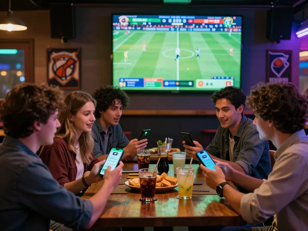 KQBD sports betting scene with friends engaging in live betting and watching a match.