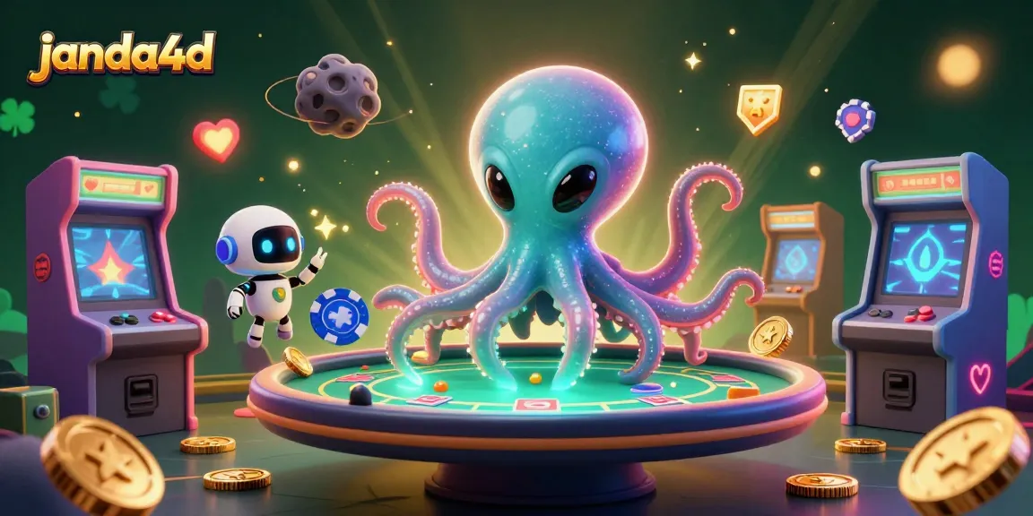 Permainan menarik janda4d dengan alien gurita berwarna cerah dan meja poker holografis yang menggugah selera bermain.