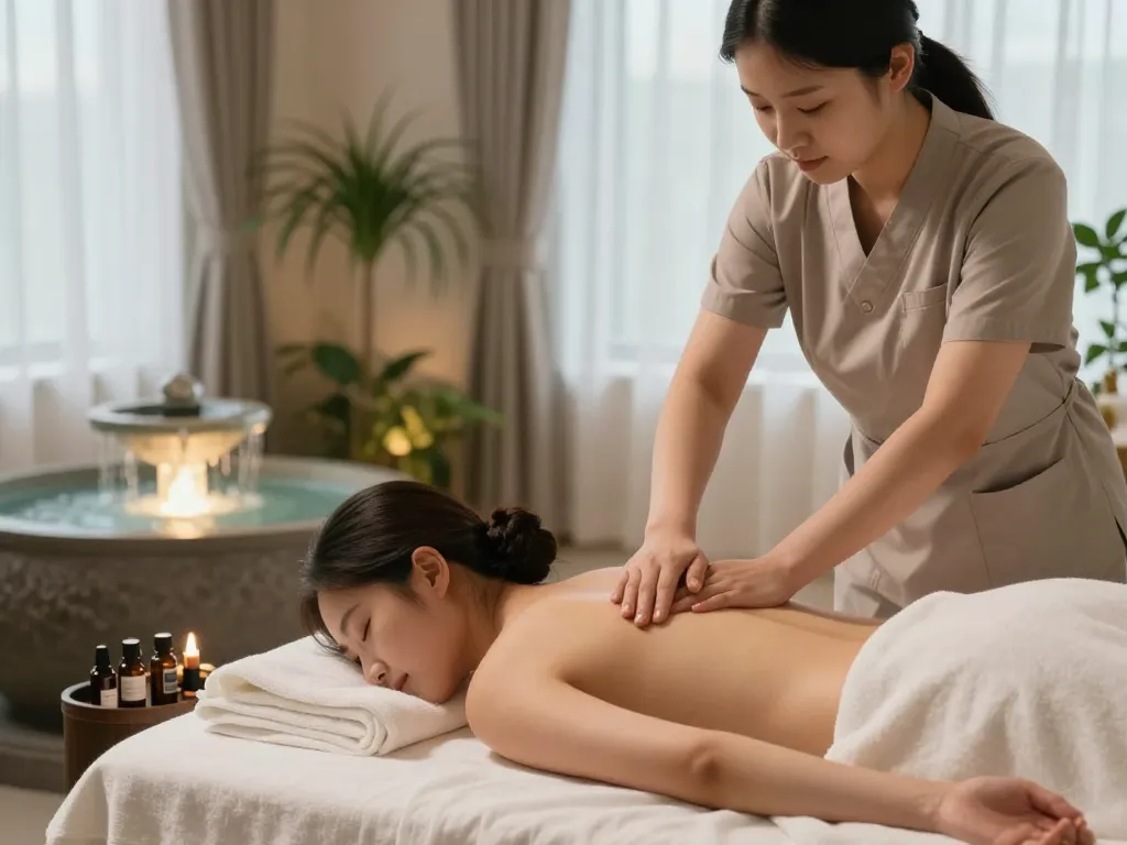 평화로운 스파 환경에서 편안한 강남스웨디시 마사지를 경험하는 모습.