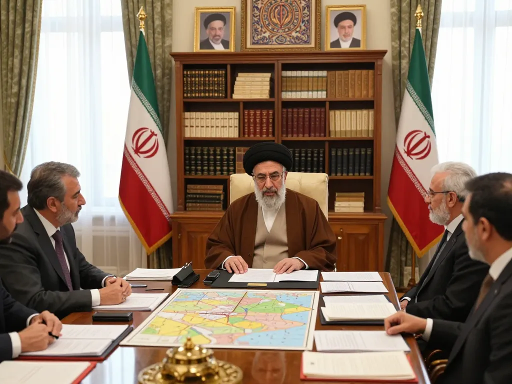 Ayatollah Khamenei discussing policies with advisors in a formal setting, showcasing leadership in 2026.
