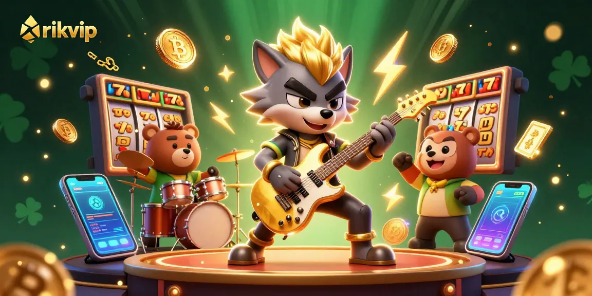 Experience thrilling gameplay with rikvip as a rock star wolf and drummer bear perform on stage.