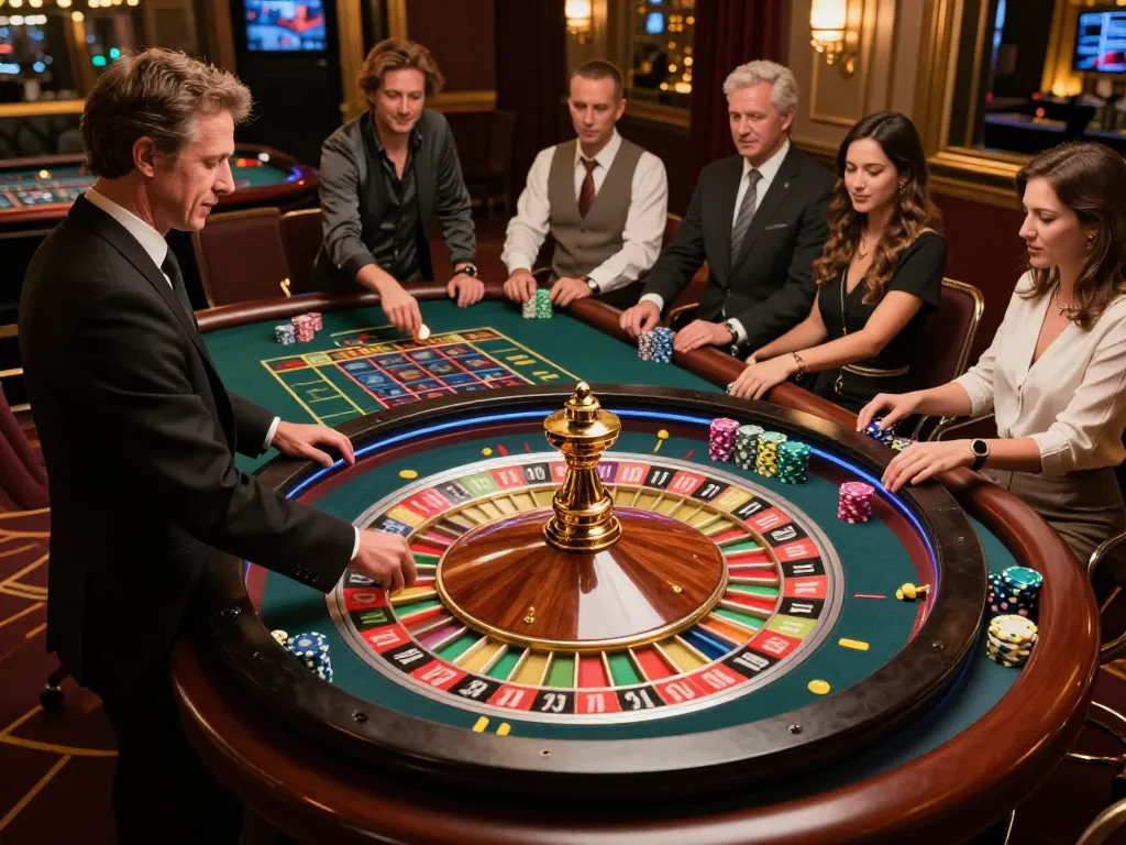 Players engaging at the roulette table in an upscale casino setting, emphasizing okwin gaming experience.