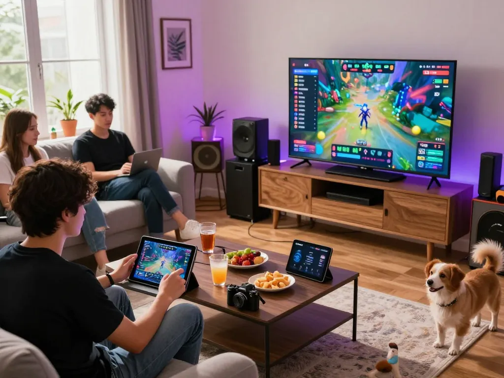 Engaged friends playing mantra88 in a vibrant living room with gaming devices and snacks.