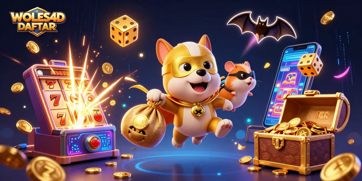 WOLES4D DAFTAR menampilkan superhero anjing terbang membawa koin emas, dikelilingi mesin slot dan simbol keberuntungan.