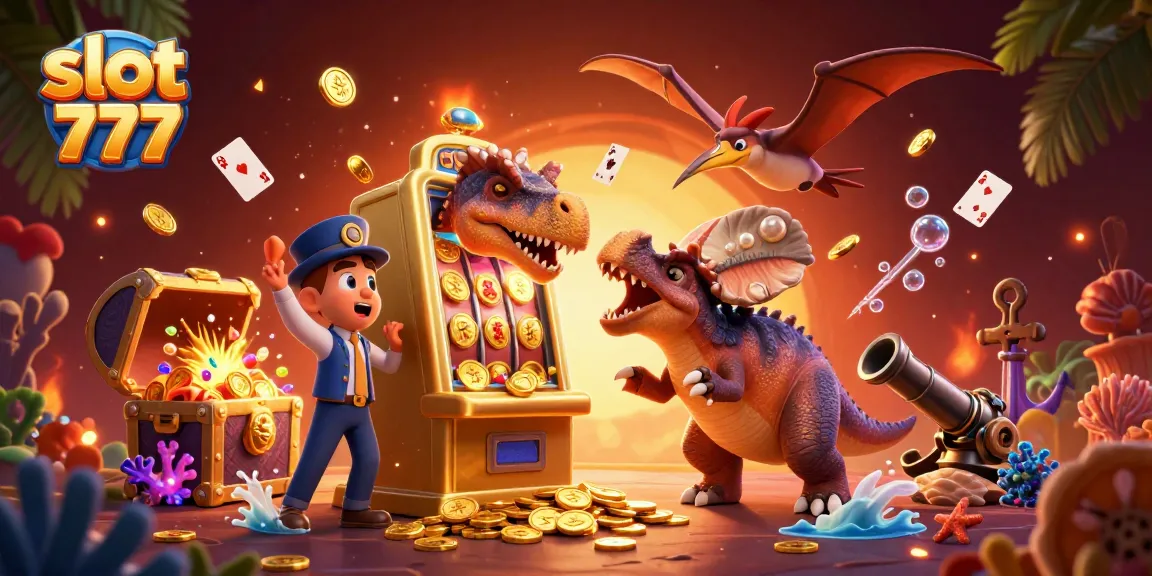 Slot 777 menghadirkan jackpot dengan dinosaurus, manajer kasino, dan koin emas berterbangan.