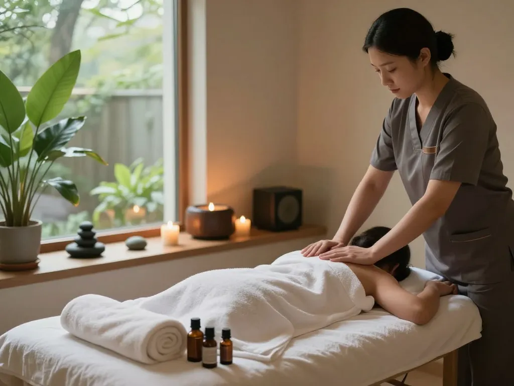 Relaxing 부전동마사지 therapy room with soft lighting and calming decor.