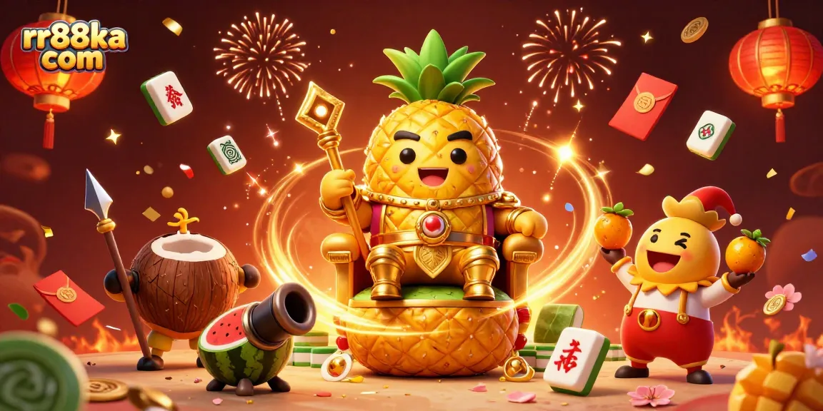 Experience the excitement of rr88ka com with a vibrant casino scene featuring the golden pineapple king and celebrating elements.