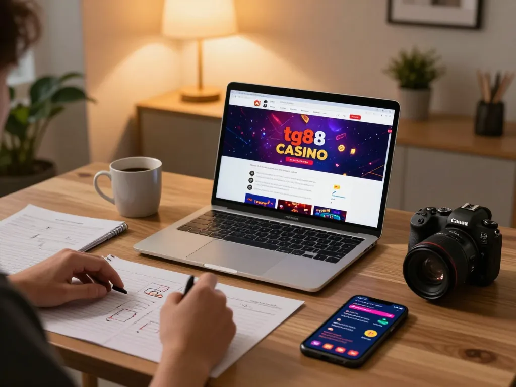 Engaging scene of a player enjoying tg88 online casino on a laptop in a cozy home setup.