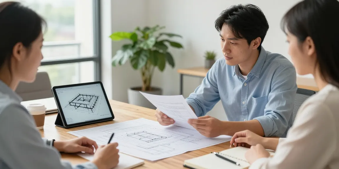 Structural engineer Missouri consulting with homeowner on project plans and blueprints in a bright office.