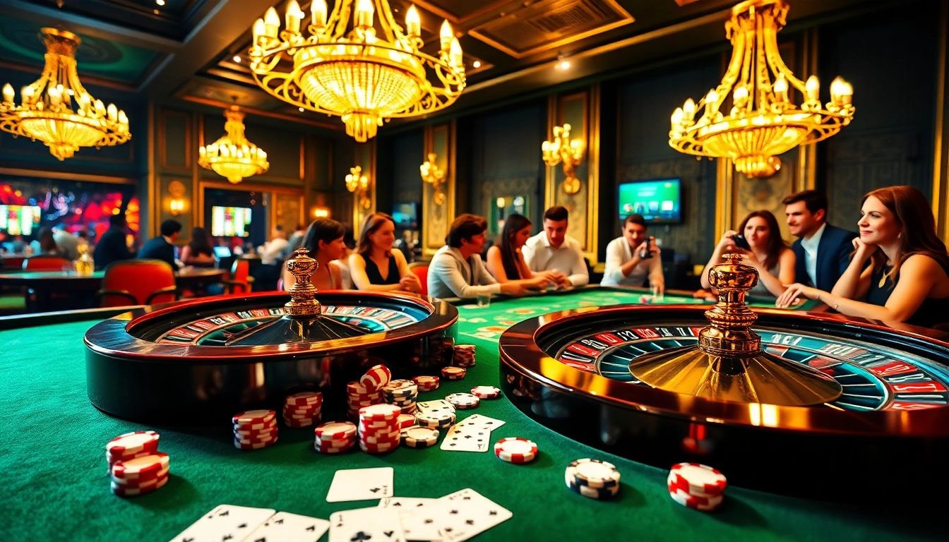 Gambling excitement at https://9789bet.com/ with players enjoying roulette and poker in a luxurious casino setting.