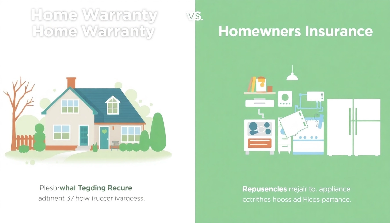 Compare home warranty vs homeowners insurance explained through infographic showing homes and repairs.