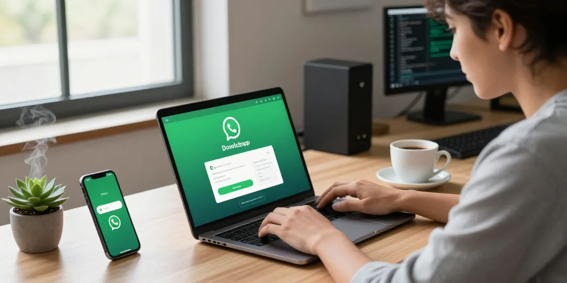 Professionals using WhatsApp下載 in a modern workspace with tech gadgets and coffee.