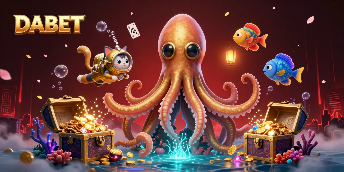 DABET's captivating gaming scene features a kraken and diving cat amidst sparkling treasures, engaging players.