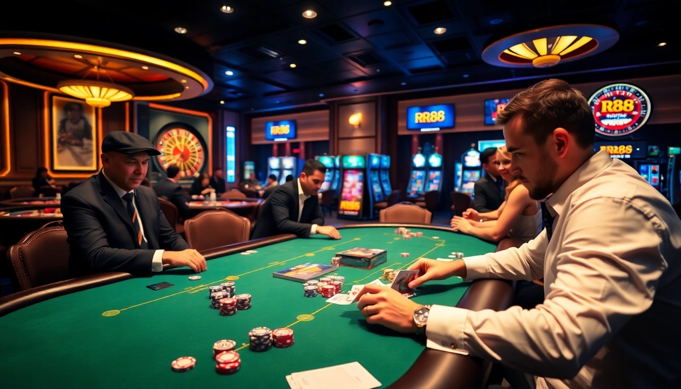 Players engaging in a high-stakes poker game at RR88 casino, showcasing excitement and tension.