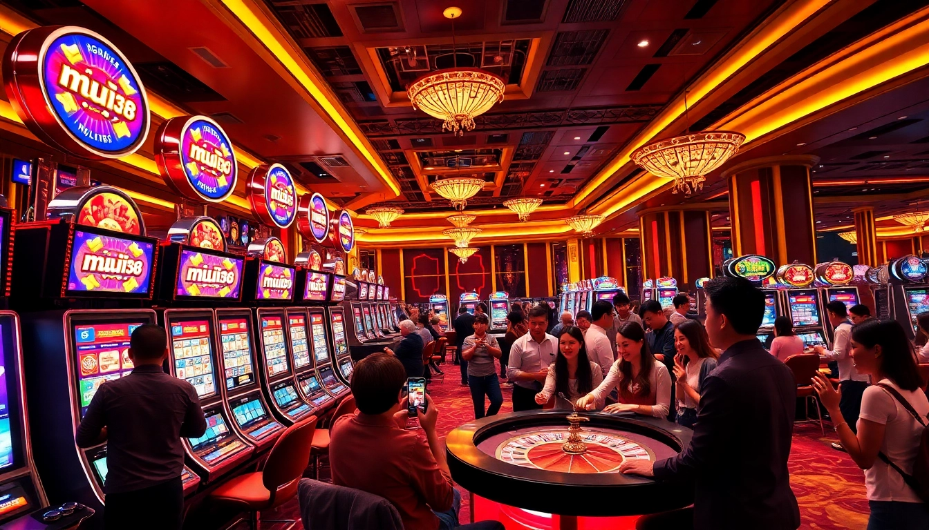Players enjoying slots at muji138 casino, celebrating their wins with vibrant visuals and chips.