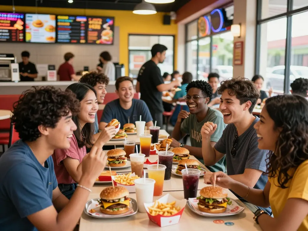 Friends enjoying a diverse fast food menu during lunch at a lively restaurant.