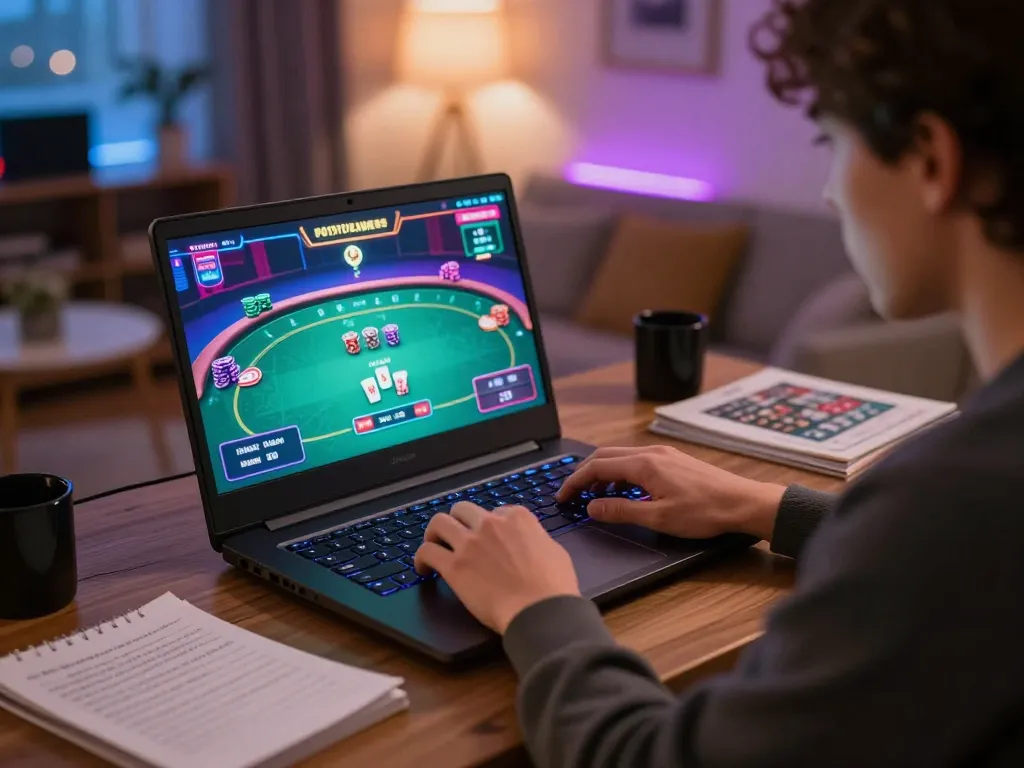 Player immersed in online poker at home with okwintv, showcasing strategic gameplay.
