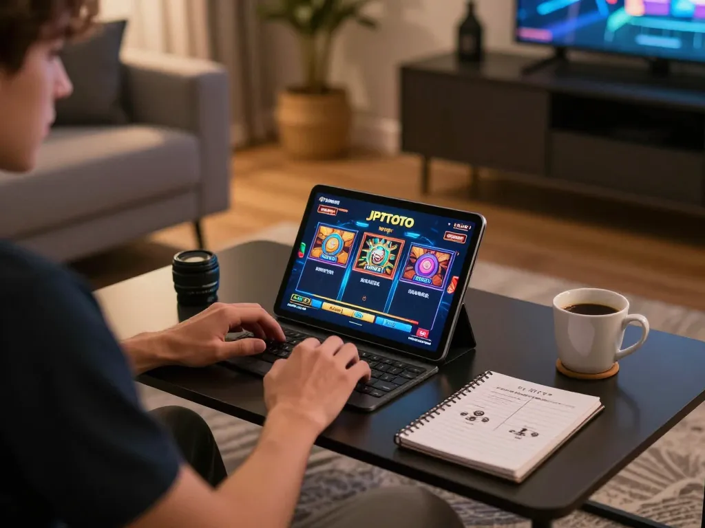 Player enjoying JPTOTO slot game on a tablet in cozy home setting