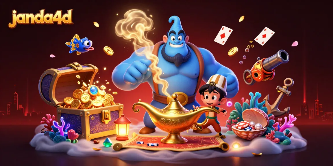 Gambarkan aksi permainan kasino di JANDA4D dengan jin, koin emas, dan kartu yang mengelilinginya.