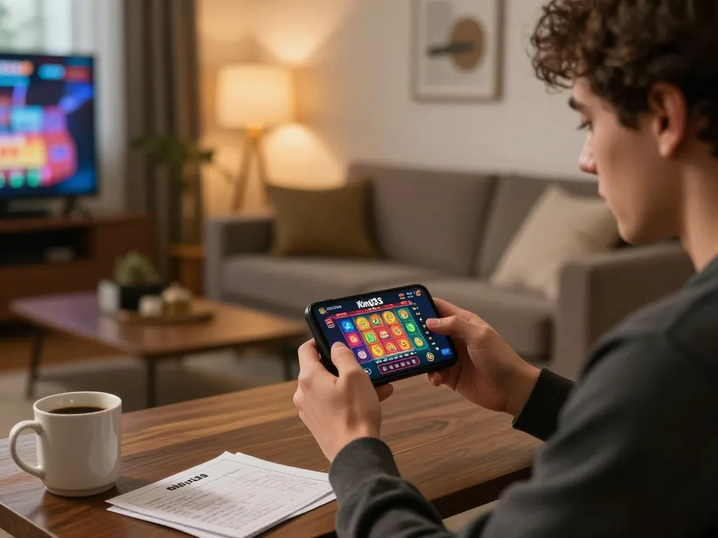 Player strategizing on King33 app during engaging online gaming session at home