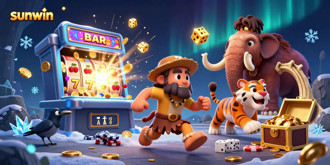 Experience the excitement of sunwin in a prehistoric casino setting with cavemen and jackpots!