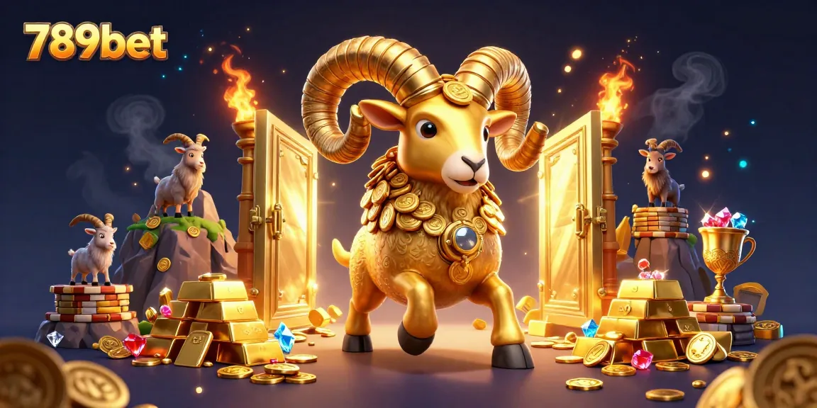 Experience thrilling excitement at 789bet with this dynamic illustration of a golden ram charged towards gold treasures.