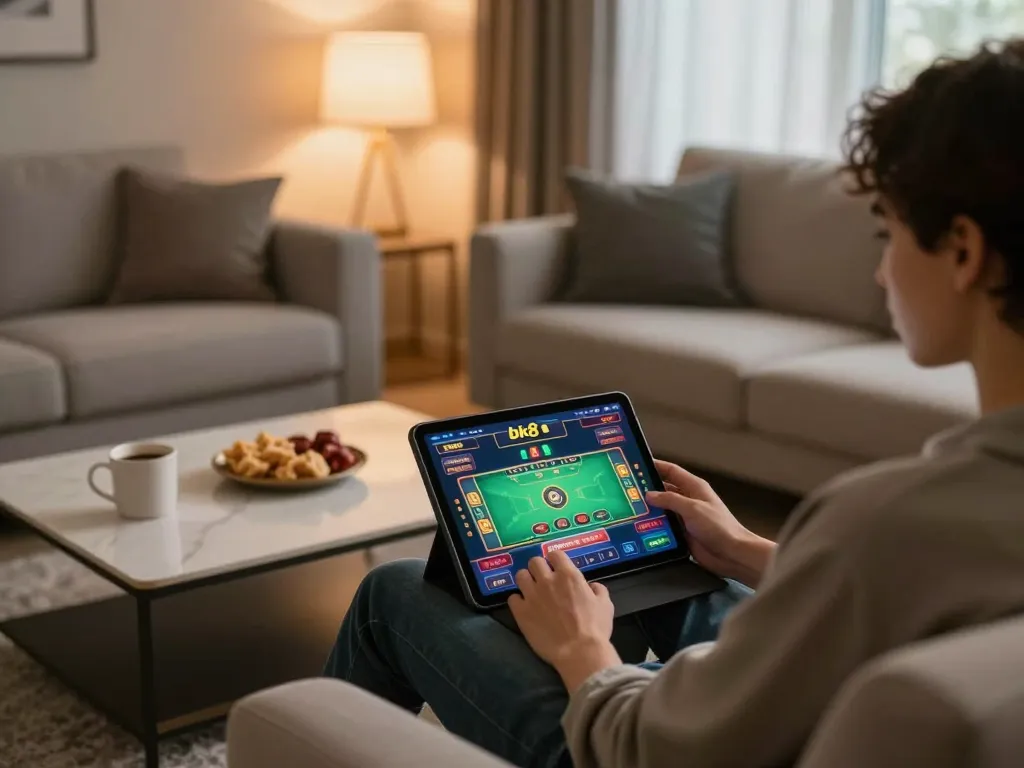 Person enjoying a dynamic bk8 online casino game on a tablet at home, emphasizing comfortable gaming.