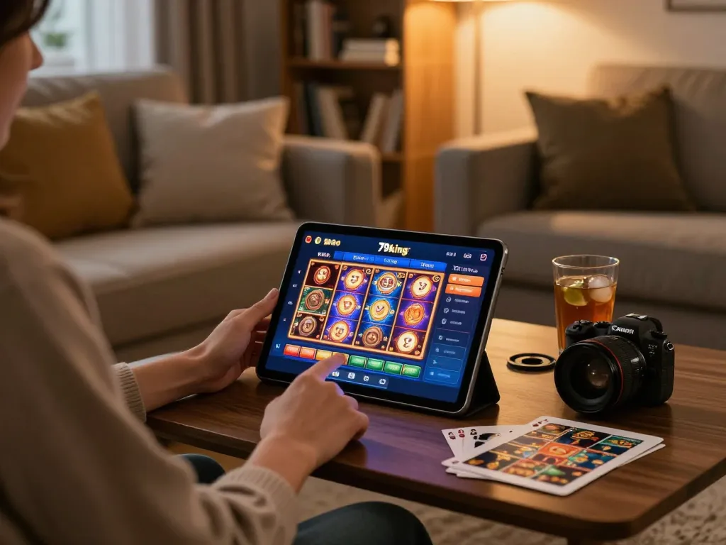 Engaged player exploring 79king's online casino app on a tablet during a cozy home gaming session.