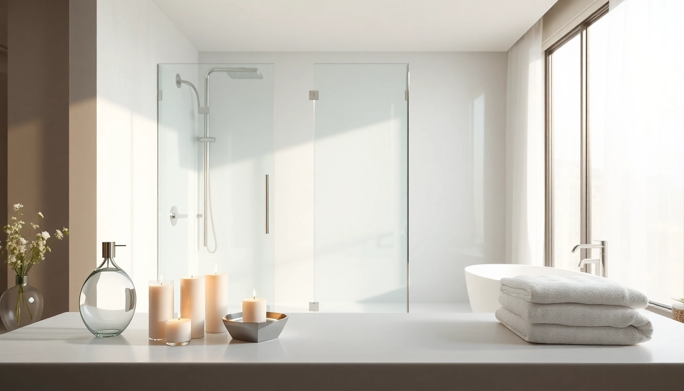 Experience elegant showers in a modern bathroom with glass fixtures and serene lighting.