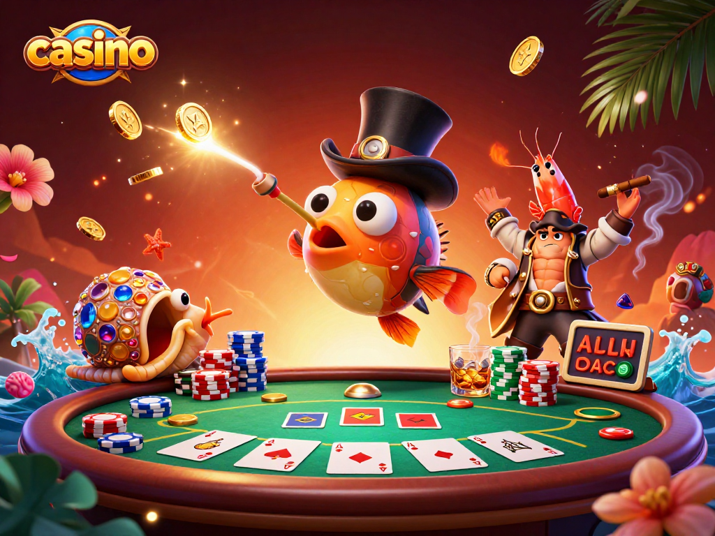 Engaging casino scene with deep-sea anglerfish attracting golden coins in a vibrant underwater setting