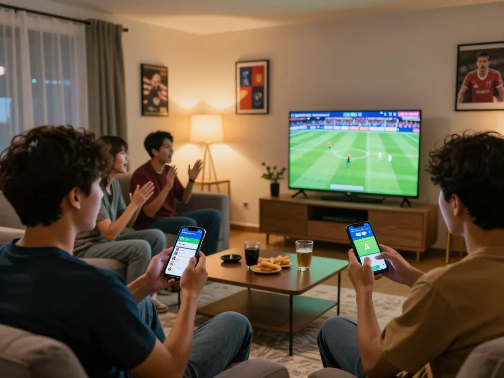 Bongdalu app used for sports betting during exciting match viewing by friends, focusing on live odds.