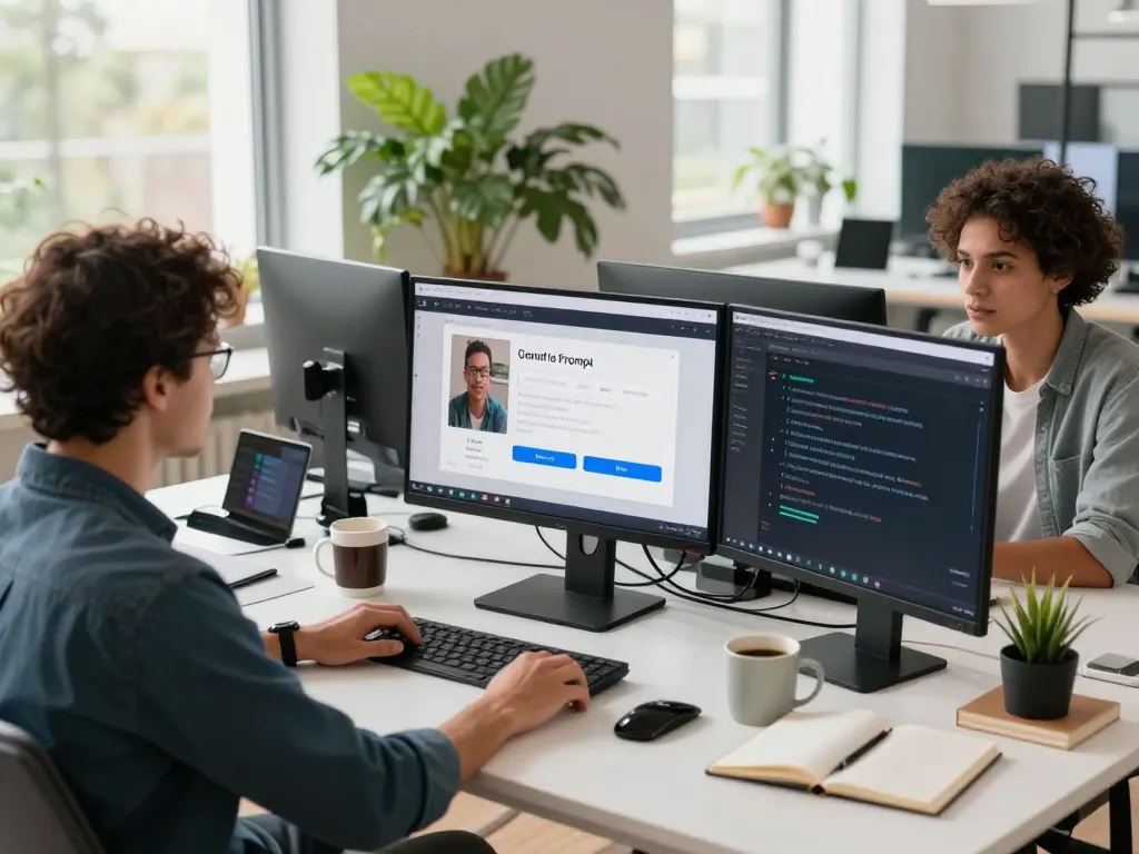 Innovative workspace scene demonstrating a video to prompt generator in action, showcasing teamwork and advanced AI technology.