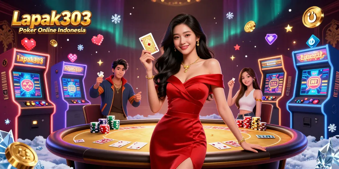 Experience the thrill of Lapak303 Poker Online Indonesia with an engaging casino illustration.