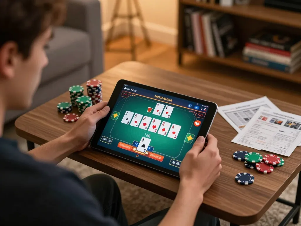 Engaging online gaming session with situs depo 1000 on tablet showing poker cards.