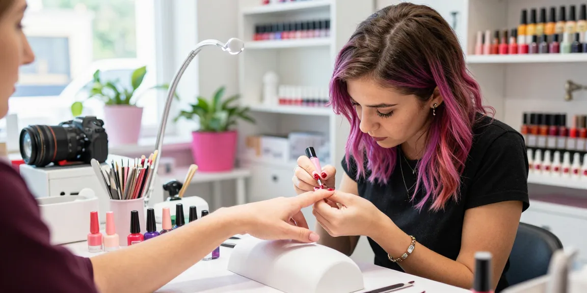 Tânără tehniciană în unghii aplicând oja semipermanenta într-un salon elegant cu culori vibrante de gel.