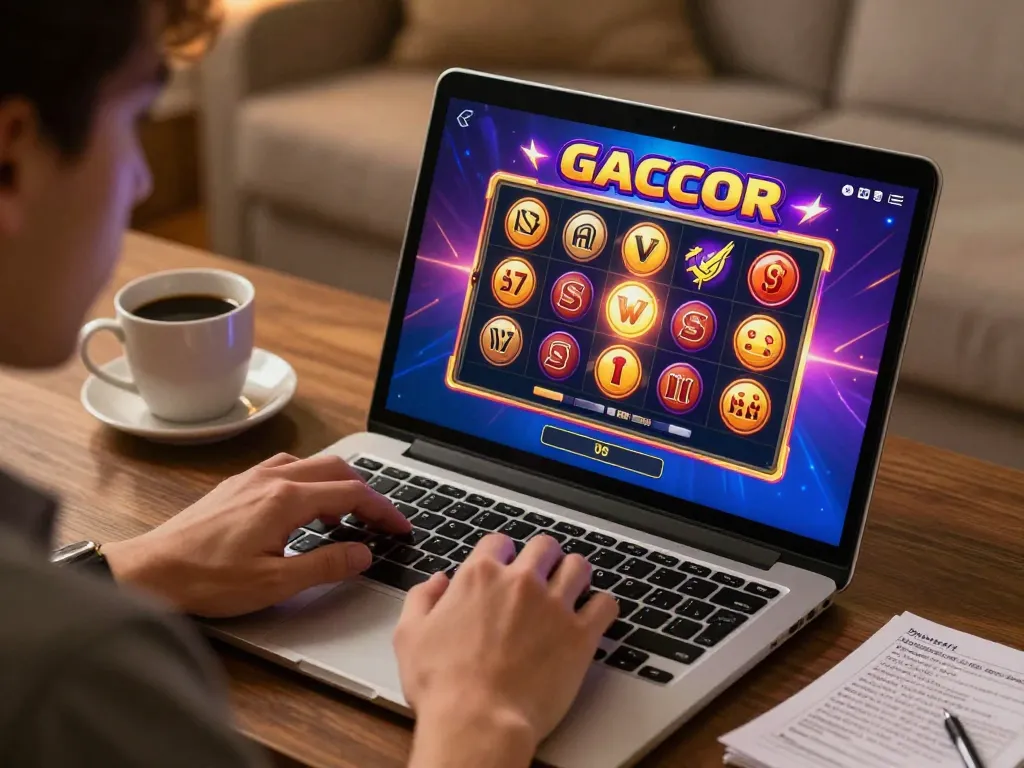 Engaging in slot gacor gameplay on a laptop in a cozy setting with a warm atmosphere.