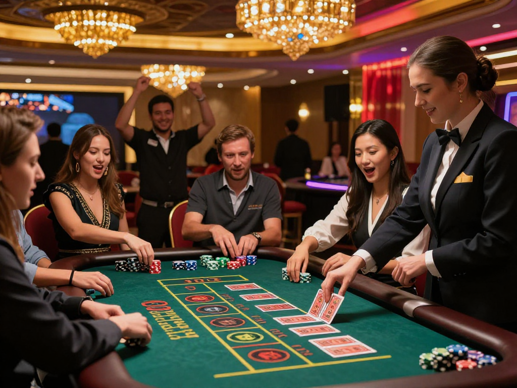 Players at a vibrant casino surrounded by excitement, showcasing rokok88 rtp in action.