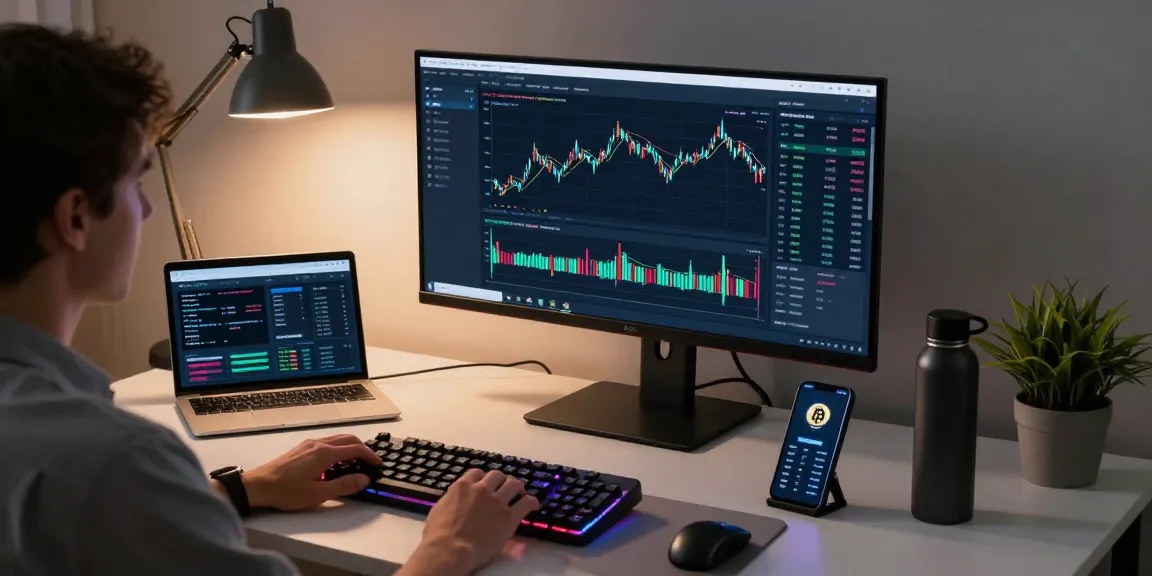 bitcoin mining investment workspace with cryptocurrency charts and blockchain software