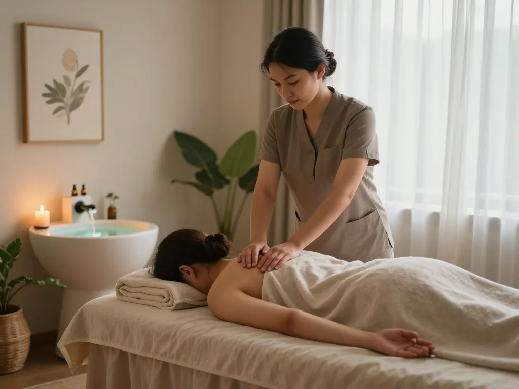 Relaxing Swedish massage therapy scene showcasing a tranquil atmosphere with professional therapist, essential oils, and soothing decor, perfect for 잠실스웨디시.